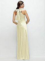 Rear View Thumbnail - Butter Yellow Pleated Halter Bias Satin Maxi Dress with Self-Tie Bow Back