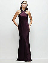 Front View Thumbnail - Deep Plum Pleated Halter Bias Satin Maxi Dress with Self-Tie Bow Back