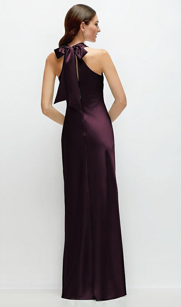 Back View - Deep Plum Pleated Halter Bias Satin Maxi Dress with Self-Tie Bow Back