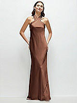 Front View Thumbnail - Cognac Pleated Halter Bias Satin Maxi Dress with Self-Tie Bow Back