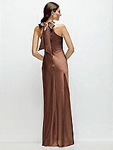 Rear View Thumbnail - Cognac Pleated Halter Bias Satin Maxi Dress with Self-Tie Bow Back