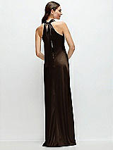 Alt View 1 Thumbnail - Espresso Pleated Halter Bias Satin Maxi Dress with Self-Tie Bow Back