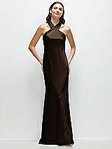 Front View Thumbnail - Espresso Pleated Halter Bias Satin Maxi Dress with Self-Tie Bow Back