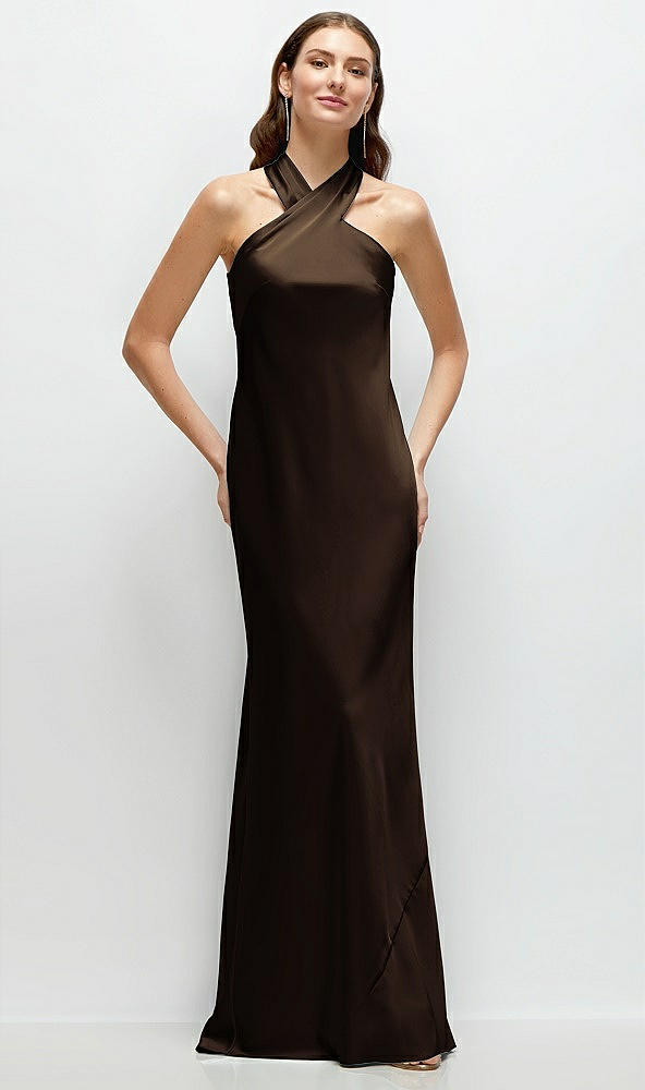 Front View - Espresso Pleated Halter Bias Satin Maxi Dress with Self-Tie Bow Back