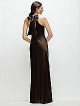 Rear View Thumbnail - Espresso Pleated Halter Bias Satin Maxi Dress with Self-Tie Bow Back