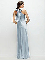 Rear View Thumbnail - Mist Pleated Halter Bias Satin Maxi Dress with Self-Tie Bow Back