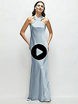 Video 1 Thumbnail - Olive Green Pleated Halter Bias Satin Maxi Dress with Self-Tie Bow Back