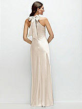 Rear View Thumbnail - Oat Pleated Halter Bias Satin Maxi Dress with Self-Tie Bow Back