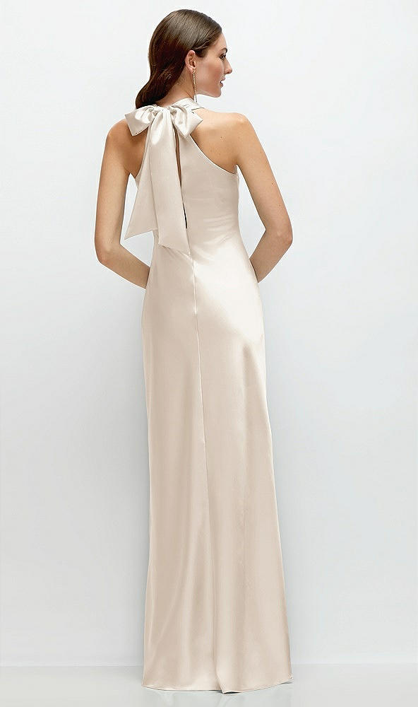 Back View - Oat Pleated Halter Bias Satin Maxi Dress with Self-Tie Bow Back