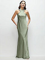Front View Thumbnail - Sage Pleated Halter Bias Satin Maxi Dress with Self-Tie Bow Back