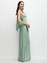 Side View Thumbnail - Seagrass Pleated Halter Bias Satin Maxi Dress with Self-Tie Bow Back