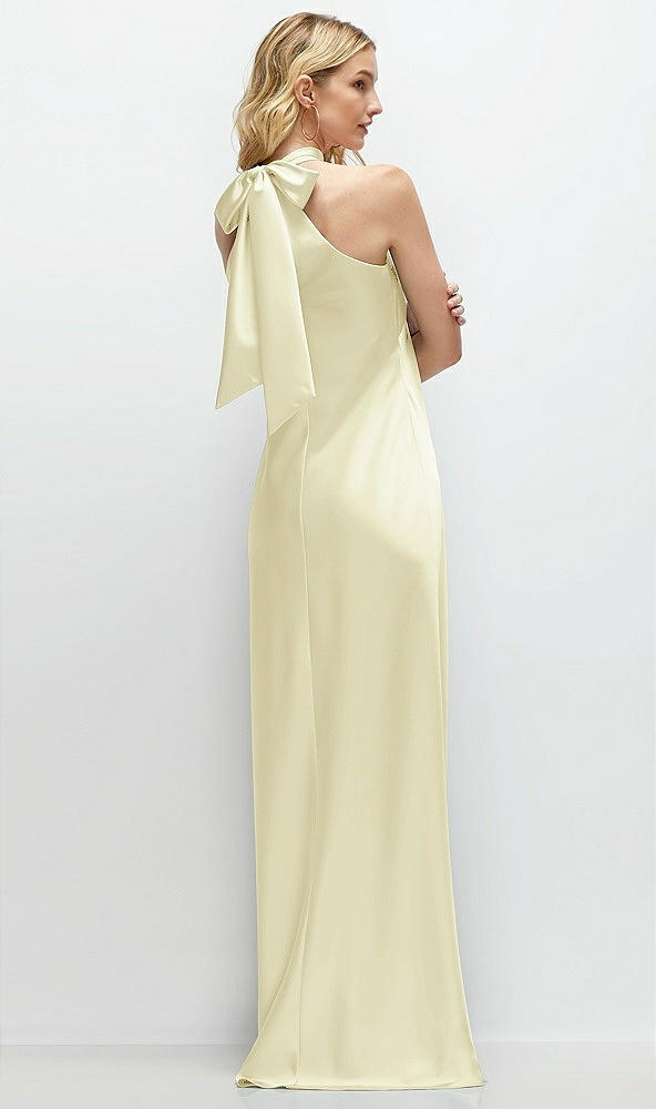 Back View - Butter Yellow Stand Collar Bias Satin Maxi Dress with Self-Tie Bow Back