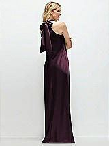 Rear View Thumbnail - Deep Plum Stand Collar Bias Satin Maxi Dress with Self-Tie Bow Back