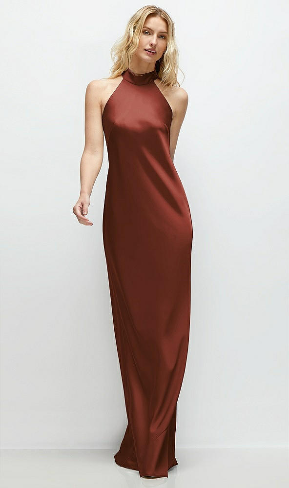 Front View - Auburn Moon Stand Collar Bias Satin Maxi Dress with Self-Tie Bow Back