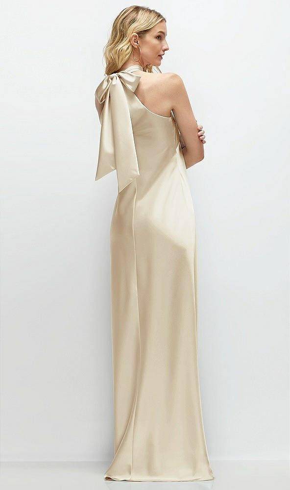 Back View - Champagne Stand Collar Bias Satin Maxi Dress with Self-Tie Bow Back