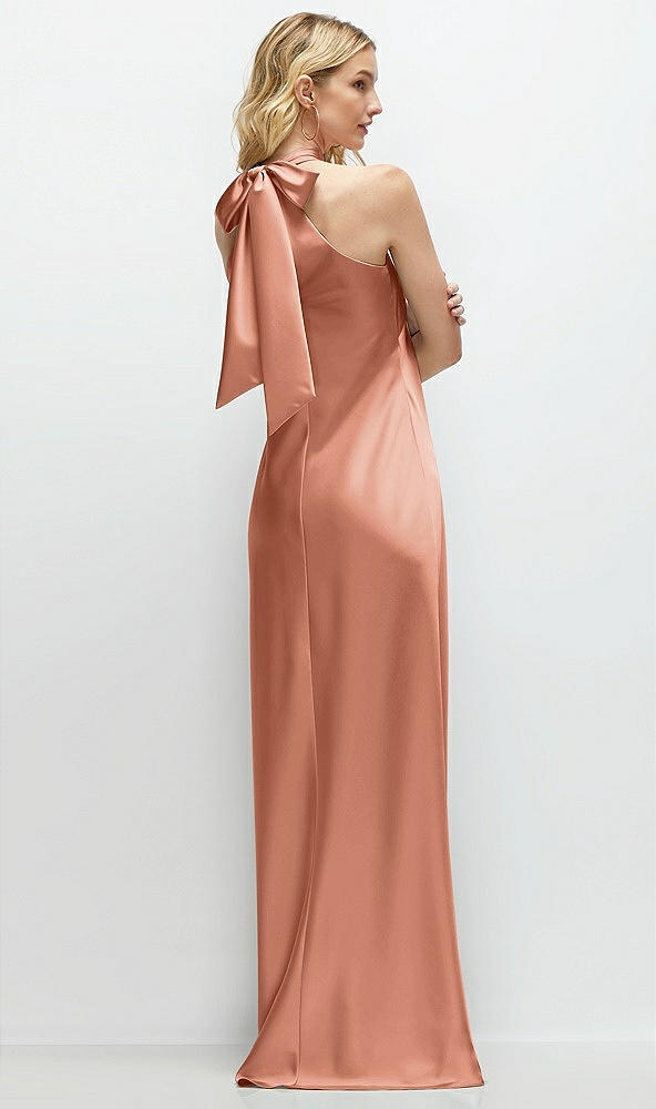 Back View - Copper Penny Stand Collar Bias Satin Maxi Dress with Self-Tie Bow Back