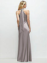 Alt View 1 Thumbnail - Cashmere Gray Stand Collar Bias Satin Maxi Dress with Self-Tie Bow Back
