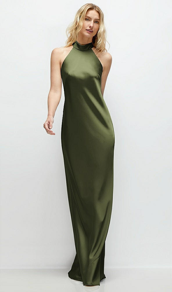 Front View - Olive Green Stand Collar Bias Satin Maxi Dress with Self-Tie Bow Back