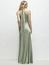 Alt View 1 Thumbnail - Sage Stand Collar Bias Satin Maxi Dress with Self-Tie Bow Back