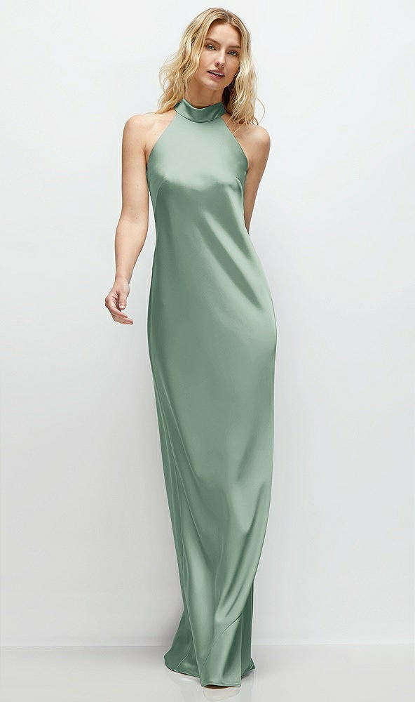 Front View - Seagrass Stand Collar Bias Satin Maxi Dress with Self-Tie Bow Back
