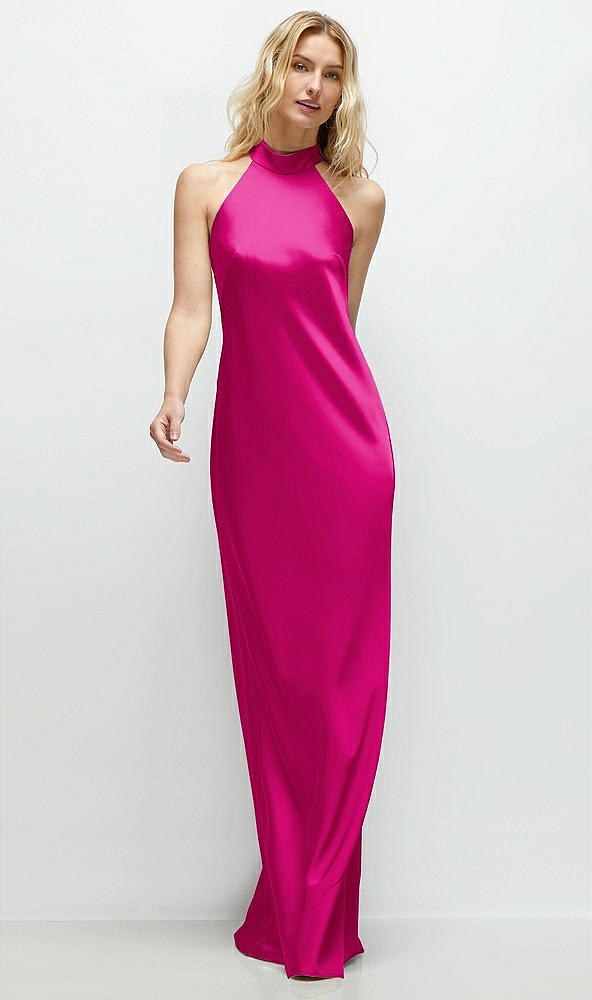 Front View - Think Pink Stand Collar Bias Satin Maxi Dress with Self-Tie Bow Back