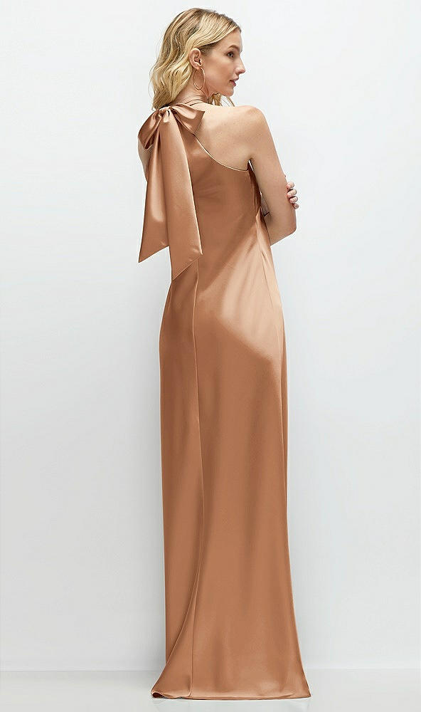 Back View - Toffee Stand Collar Bias Satin Maxi Dress with Self-Tie Bow Back