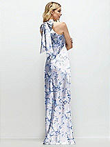 Rear View Thumbnail - Magnolia Sky Floral Stand Collar Bias Satin Maxi Dress with Self-Tie Bow Back