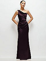 Front View Thumbnail - Deep Plum One-Shoulder Cat-Eye Neckline Fit and Flare Satin Maxi Dress