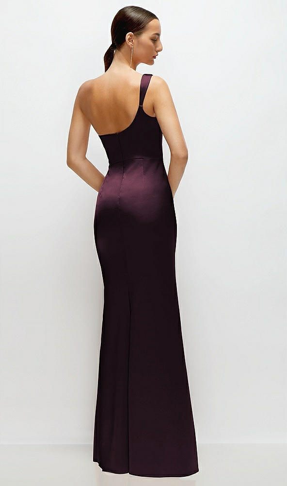 Back View - Deep Plum One-Shoulder Cat-Eye Neckline Fit and Flare Satin Maxi Dress