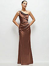 Front View Thumbnail - Cognac One-Shoulder Cat-Eye Neckline Fit and Flare Satin Maxi Dress