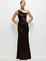Front View Thumbnail - Espresso One-Shoulder Cat-Eye Neckline Fit and Flare Satin Maxi Dress