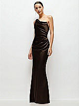 Side View Thumbnail - Espresso One-Shoulder Cat-Eye Neckline Fit and Flare Satin Maxi Dress