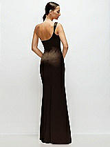 Rear View Thumbnail - Espresso One-Shoulder Cat-Eye Neckline Fit and Flare Satin Maxi Dress