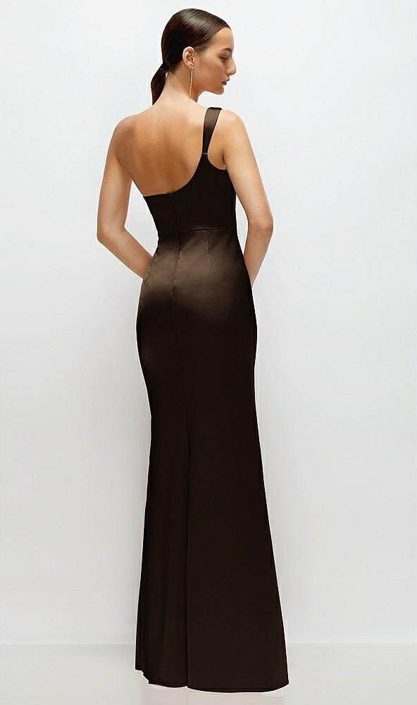 Back View - Espresso One-Shoulder Cat-Eye Neckline Fit and Flare Satin Maxi Dress