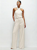 Front View Thumbnail - Ivory Pleated Halter Blouson Crepe Wedding Jumpsuit with Self-Tie Bow Back