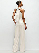 Rear View Thumbnail - Ivory Pleated Halter Blouson Crepe Wedding Jumpsuit with Self-Tie Bow Back