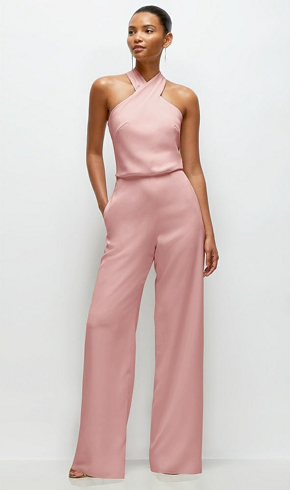 Front View - Rose Pleated Halter Blouson Crepe Wedding Jumpsuit with Self-Tie Bow Back