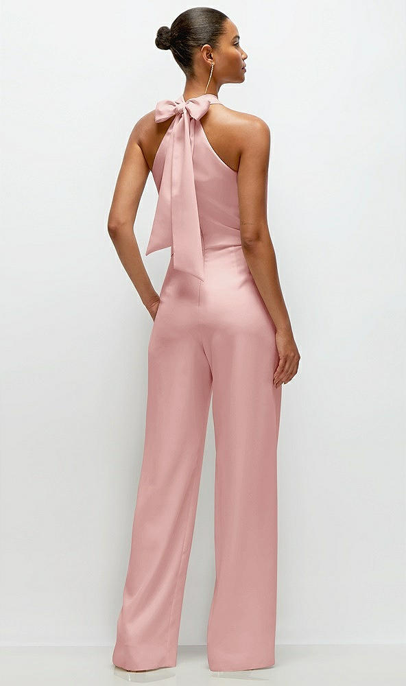 Back View - Rose Pleated Halter Blouson Crepe Wedding Jumpsuit with Self-Tie Bow Back