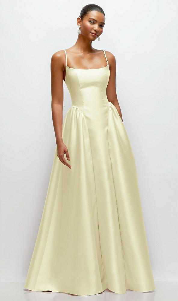 Front View - Butter Yellow Scoop Neck Drop Basque Skirt Satin Maxi Dress with Pockets