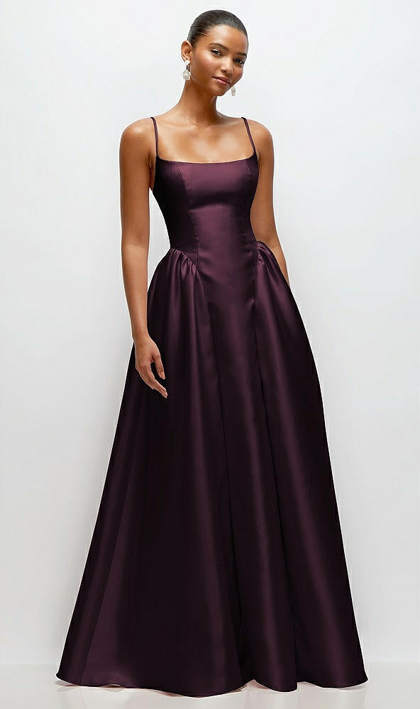 Front View - Deep Plum Scoop Neck Drop Basque Skirt Satin Maxi Dress with Pockets
