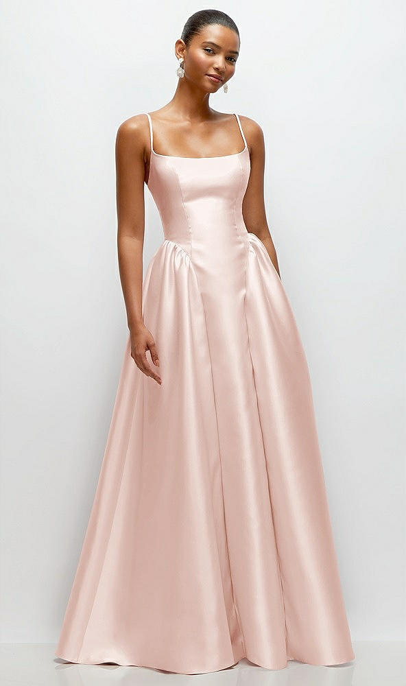 Front View - Blush Scoop Neck Drop Basque Skirt Satin Maxi Dress with Pockets
