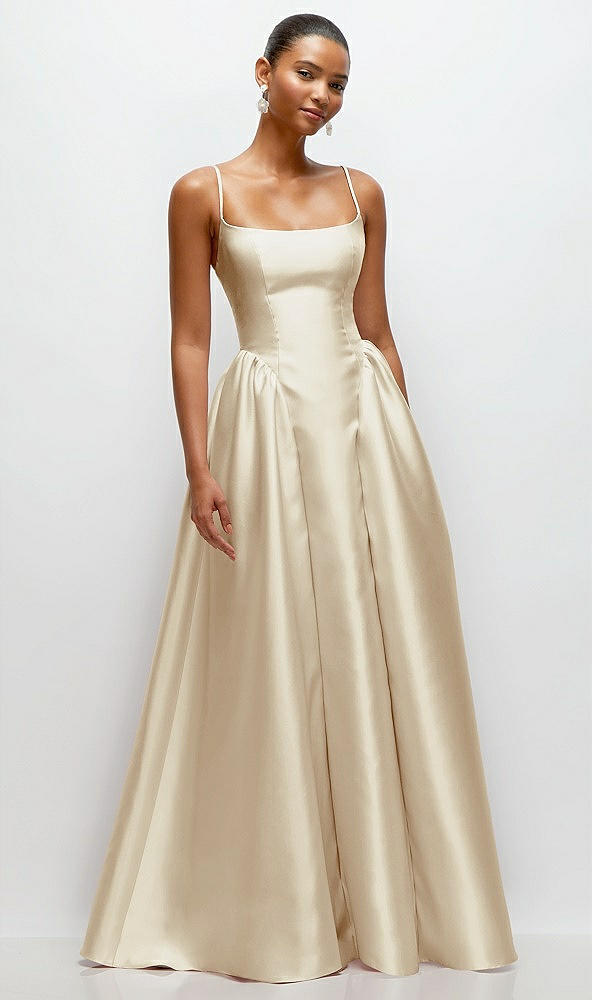 Front View - Champagne Scoop Neck Drop Basque Skirt Satin Maxi Dress with Pockets
