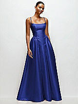 Front View Thumbnail - Cobalt Blue Scoop Neck Drop Basque Skirt Satin Maxi Dress with Pockets