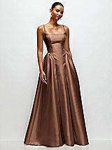 Front View Thumbnail - Cognac Scoop Neck Drop Basque Skirt Satin Maxi Dress with Pockets