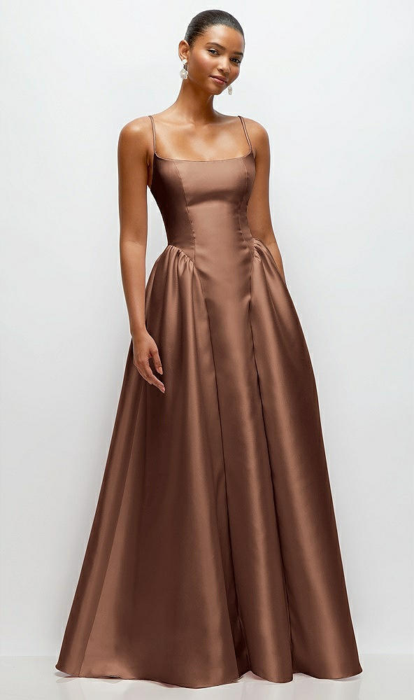 Front View - Cognac Scoop Neck Drop Basque Skirt Satin Maxi Dress with Pockets