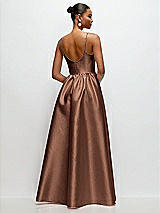 Rear View Thumbnail - Cognac Scoop Neck Drop Basque Skirt Satin Maxi Dress with Pockets
