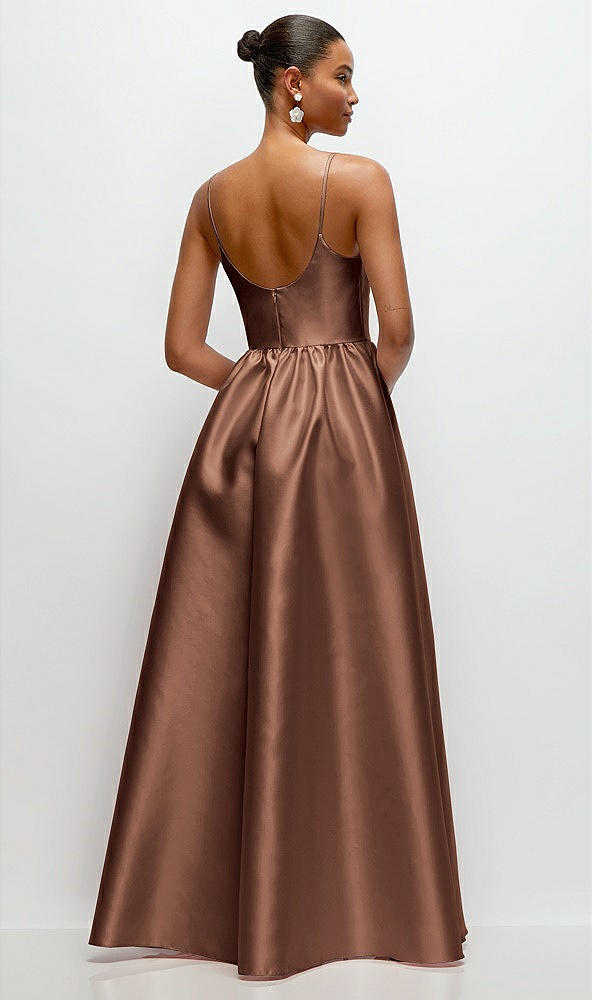 Back View - Cognac Scoop Neck Drop Basque Skirt Satin Maxi Dress with Pockets