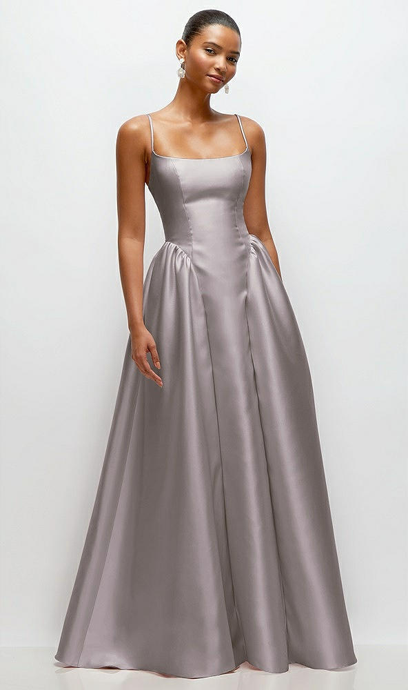 Front View - Cashmere Gray Scoop Neck Drop Basque Skirt Satin Maxi Dress with Pockets