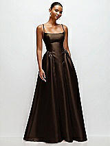 Front View Thumbnail - Espresso Scoop Neck Drop Basque Skirt Satin Maxi Dress with Pockets