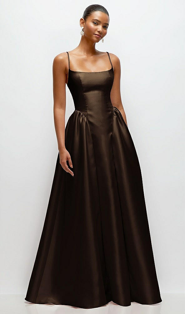 Front View - Espresso Scoop Neck Drop Basque Skirt Satin Maxi Dress with Pockets
